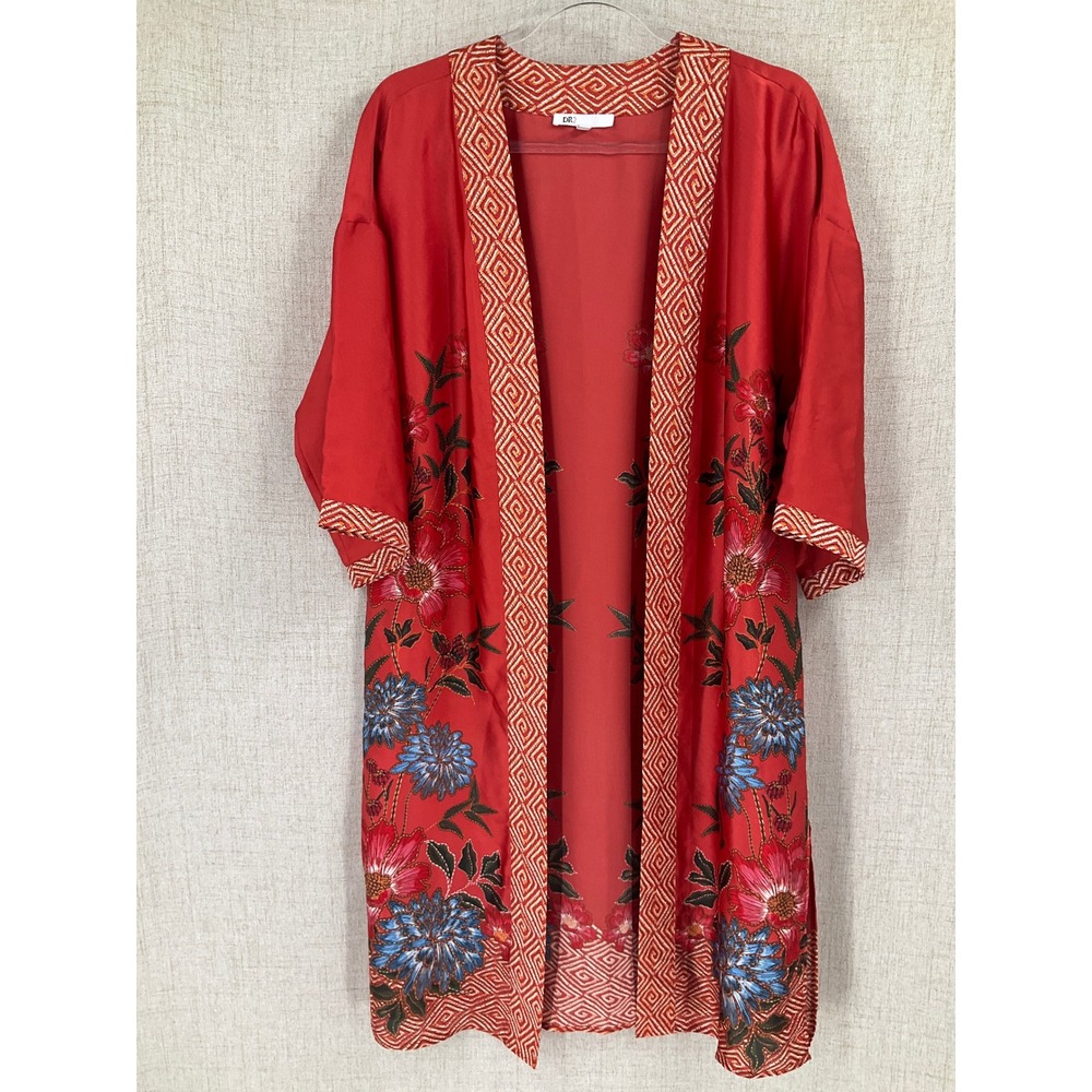 DR2 Kimono Cardigan Women S Red Floral Boho Festival Art to Wear Romantic